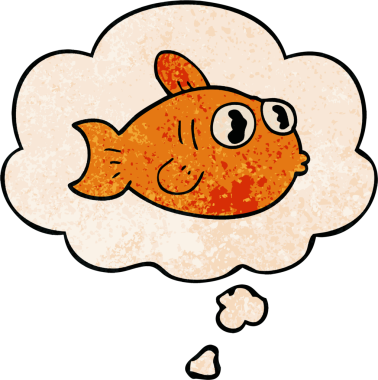 Bir insan tarafından çizilmiş grunge desenli düşünce baloncuklu çizgi film balığı.