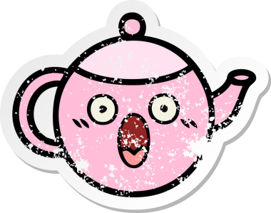 Bir insan tarafından çizilmiş şirin bir karikatür çaydanlığının sıkıntılı çıkartması.