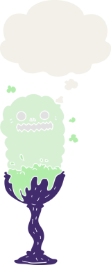 Bir insan tarafından çizilmiş düşünce baloncuğu olan tuhaf bir cadılar bayramı iksiri bardağı.