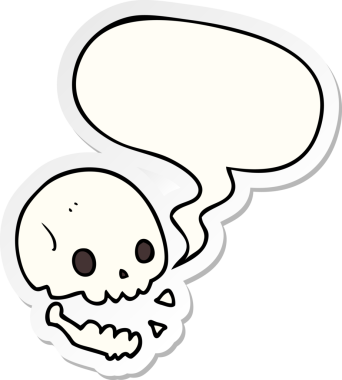 Bir insan tarafından çizilmiş konuşma kabarcığı yapıştırmalı karikatürümsü kafatası.