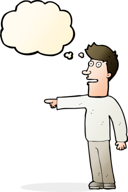 Bir insan tarafından çizilen düşünce baloncuğuyla işaret eden çizgi film adamı.