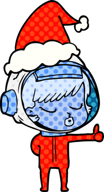 Bir insan tarafından çizilmiş Noel Baba şapkası giymiş güzel bir astronot kızın el çizimi çizgi roman çizimi çizimi.