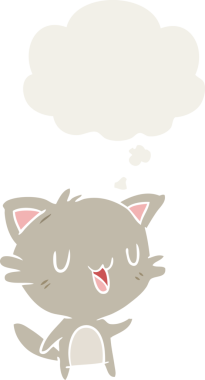 insan tarafından çizilmiş, düşünce baloncuklu mutlu kedi çizgi filmi.