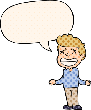 Çizgi roman tarzında bir insan tarafından çizilmiş konuşma balonuyla omuz silken çizgi film çocuğu.