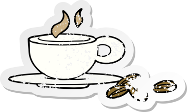 Bir insan tarafından çizilmiş güzel bir fincan kahvenin hüzünlü çıkartması.