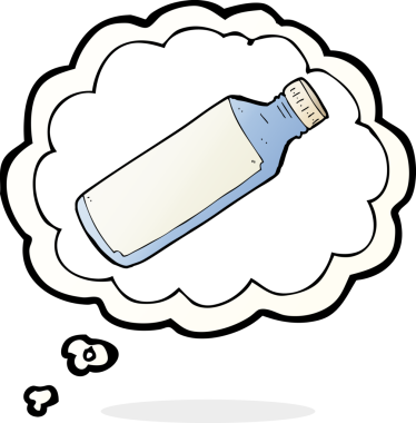 Bir insan tarafından çizilmiş düşünce baloncuklu su şişesi.