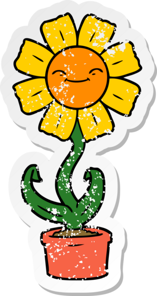 Bir insan tarafından çizilmiş mutlu bir karikatür çiçeğinin sıkıntılı çıkartması.