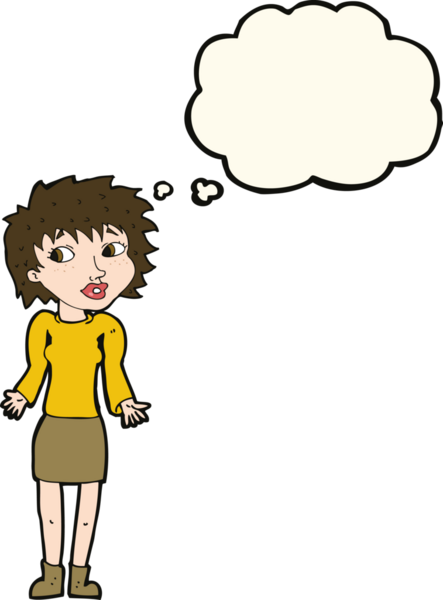 Bir insan tarafından çizilmiş düşünce baloncuğuyla omuz silken çizgi film kadını.