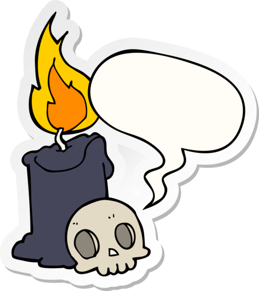 Bir insan tarafından çizilmiş konuşma balonu çıkartmalı kafatası ve mum.