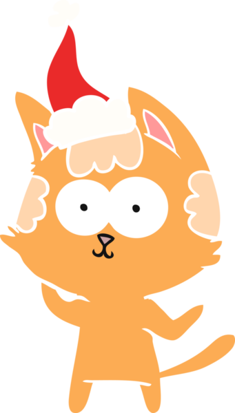 Bir insan tarafından çizilmiş Noel Baba şapkası takan bir kedinin düz renk çizimi.