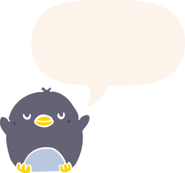 Bir insan tarafından çizilmiş konuşma baloncuğu olan sevimli penguen çizgi filmi.