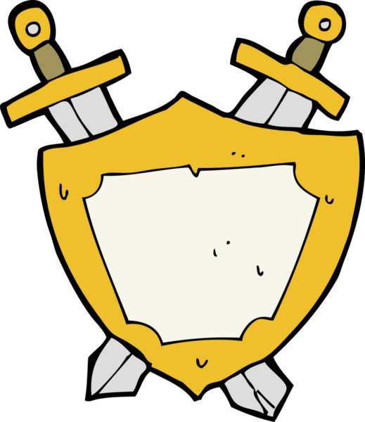 Çizgi film kalkanı ve bir insan tarafından çekilen kılıçlar