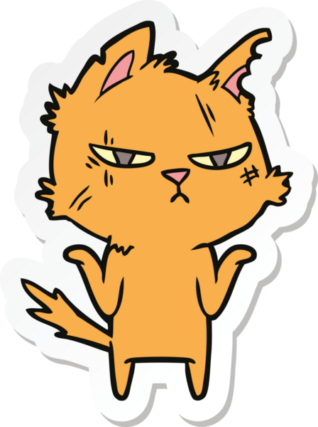 Bir insan tarafından çizilmiş sert bir çizgi film kedisinin çıkartması.