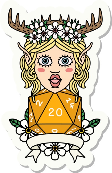 Bir insan tarafından çizilmiş doğal 20 zarlı Elf Druid karakterinin çıkartması.