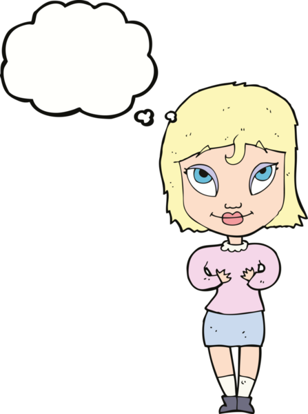 Bir insan tarafından çizilmiş düşünce baloncuğuyla kendine el kol hareketi yapan karikatür kadını.