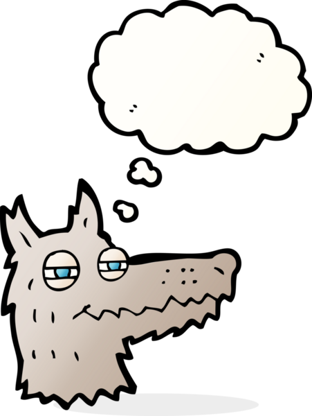 Bir insan tarafından çizilmiş düşünce baloncuklu kendini beğenmiş kurt yüzü.