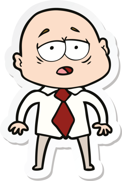 Çizgi film çıkartması. Gömlekli ve kravatlı yorgun kel adam. Bir insan tarafından çizilmiş.