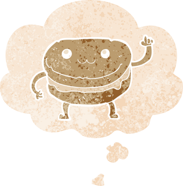 Düşünce baloncuğu ve grunge ile pasta karakterini sallayan karikatür bir insan tarafından çizilmiş tedirgin geçmiş dokuma tarzı