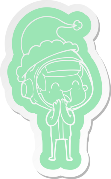 Bir insan tarafından çizilmiş Noel Baba şapkası giyen bir astronotun komik çizgi film çıkartması.