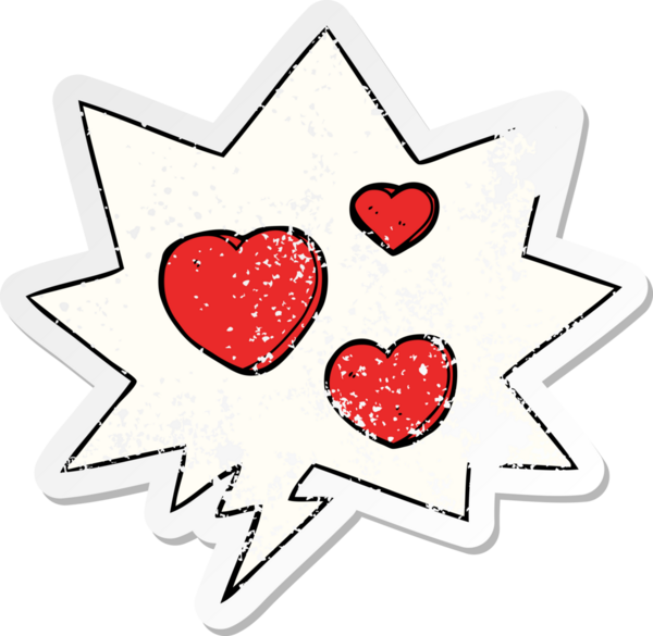 Bir insan tarafından çizilmiş, kederli, eski bir çıkartma, konuşma baloncuğu olan aşk kalpleri.