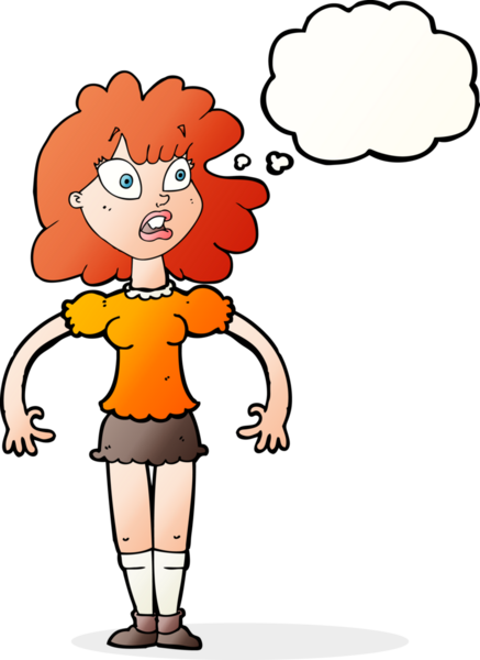 Bir insan tarafından çizilmiş düşünce baloncuğuyla şok olmuş güzel bir kız.