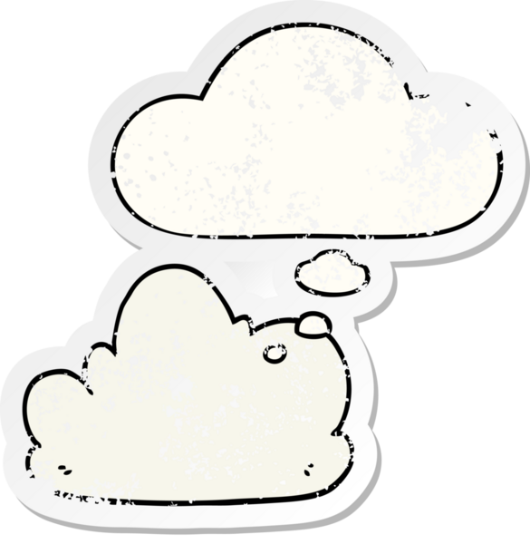 Düşünce baloncuklu karikatür bulutu bir insan tarafından çizilmiş yıpranmış bir çıkartma gibi.