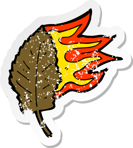 Bir insan tarafından çizilmiş kuru yaprak sembolü yanan bir çizgi filmin gerilimli yapıştırması.