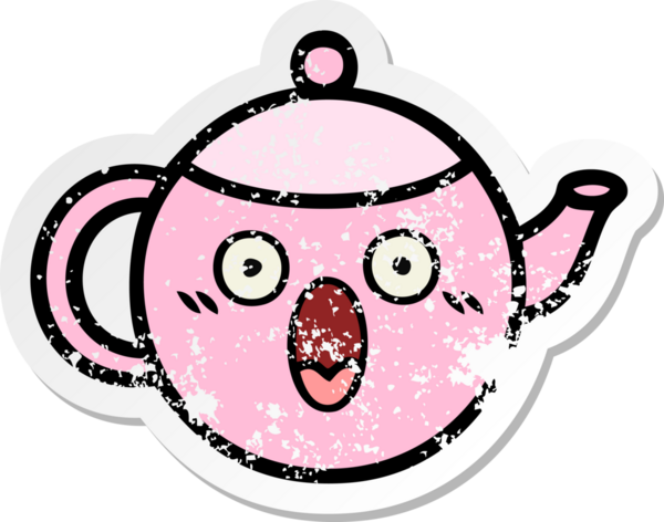 Bir insan tarafından çizilmiş şirin bir karikatür çaydanlığının sıkıntılı çıkartması.
