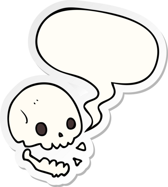 Bir insan tarafından çizilmiş konuşma kabarcığı yapıştırmalı karikatürümsü kafatası.