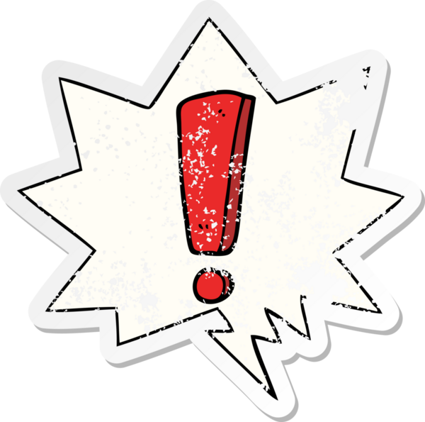 Konuşma baloncuğu olan çizgi film ünlem işareti bir insan tarafından çizilmiş sıkıntılı eski bir çıkartma