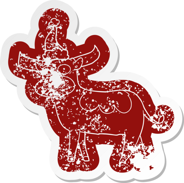 Bir insan tarafından çizilmiş Noel Baba şapkası takan bir boğanın garip karikatürü.