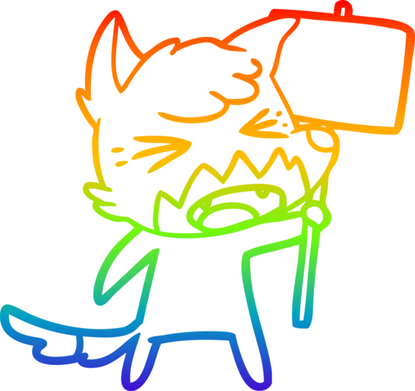 Gökkuşağı gradyan çizgi çizimi kızgın bir tilki çizgi filmi ve bir insan tarafından çizilmiş işaret.