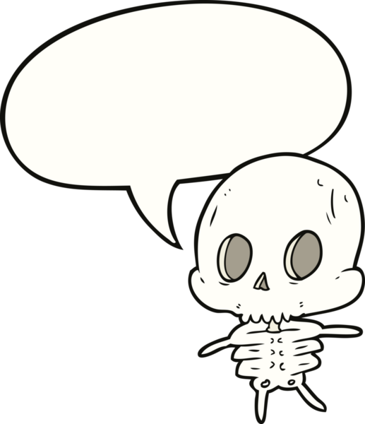 Bir insan tarafından çizilmiş konuşma baloncuklu şirin bir karikatür iskeleti.