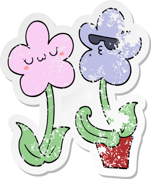 Bir insan tarafından çizilmiş şirin bir karikatür çiçeğinin sıkıntılı çıkartması.