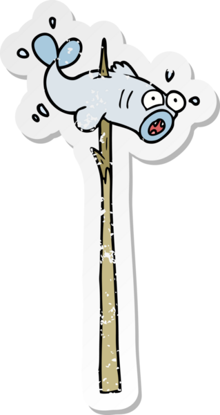 Bir insan tarafından çizilmiş mızraklı balık karikatürü.