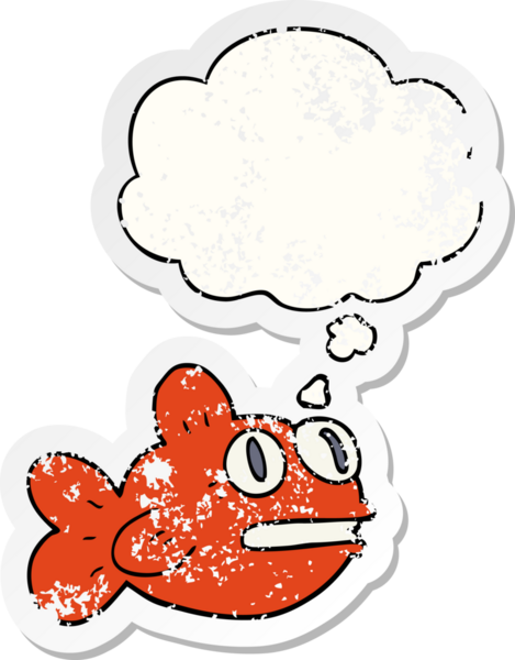 Düşünce baloncuklu karikatür balığı insan tarafından çizilmiş yıpranmış bir çıkartma gibi.