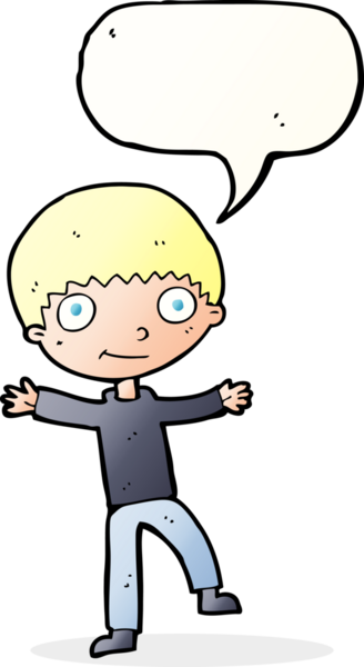 Bir insan tarafından çizilmiş konuşma balonu olan mutlu bir çocuk.