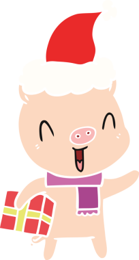 Mutlu el çizimi düz renk çizimi, Noel Baba şapkası takan bir domuzun insan tarafından çizilmiş.