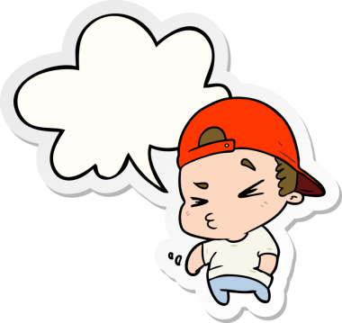 Bir insan tarafından çizilmiş konuşma balonu çıkartmalı havalı çocuk.