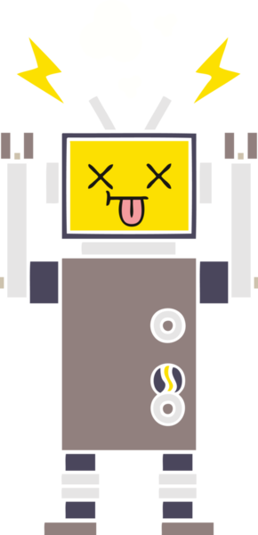 Bir insan tarafından çizilmiş arızalı bir robotun düz renk retro karikatürü