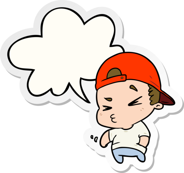 Bir insan tarafından çizilmiş konuşma balonu çıkartmalı havalı çocuk.