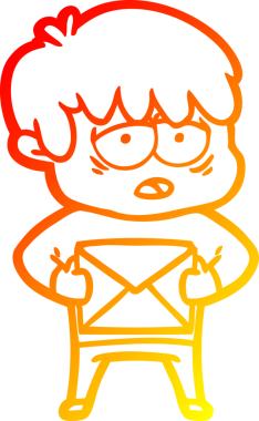 Sıcak bir çizgi film çizimi. Bitkin bir çocuk. Bir insan tarafından çizilmiş bir mektup.