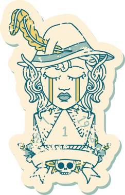 Retro Dövme Tarzı Ağlayan Elf Ozan Karakteri Bir insan tarafından çizilmiş doğal D20 rulo