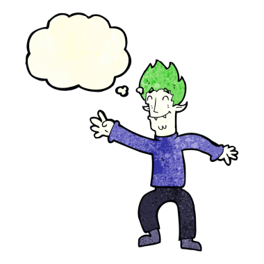 Bir insan tarafından çizilmiş düşünce balonlu mutlu vampir adam çizgi filmi.