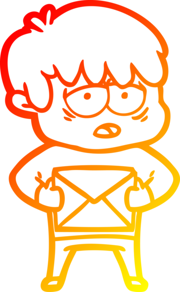 Sıcak bir çizgi film çizimi. Bitkin bir çocuk. Bir insan tarafından çizilmiş bir mektup.