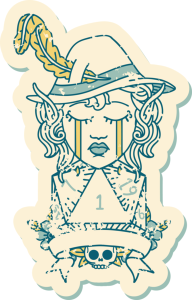 Retro Dövme Tarzı Ağlayan Elf Ozan Karakteri Bir insan tarafından çizilmiş doğal D20 rulo