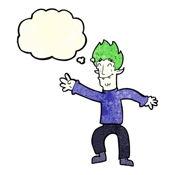 Bir insan tarafından çizilmiş düşünce balonlu mutlu vampir adam çizgi filmi.