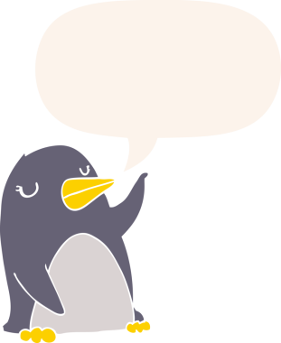 bir insan tarafından çizilmiş, retro tarzı konuşma balonu olan penguen çizgi filmi.