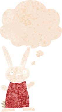 Homurdanan düşünce baloncuğu olan sevimli çizgi film tavşanı bir insan tarafından çizilmiş dertli retro tarzı.