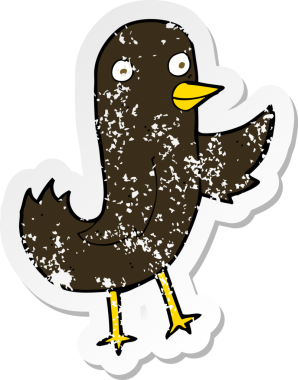 Bir insan tarafından çizilmiş komik bir karikatür kuşunun gerilmiş çıkartması.